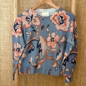 Cynthia Rowley Blue and Coral Cashmere Floral Crew Neck Sweater